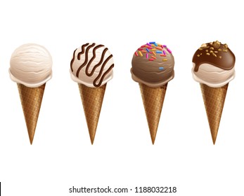 Ice cream in wafer cones 3d realistic vector illustration. Isolated soft ice scoops with chocolate or colorful sweet sprinkles in waffle for frozen dessert product package advertising design template