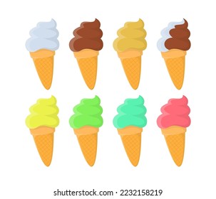 Ice cream wafer cones vector illustrations set. Collection of cartoon drawings of ice cream with different flavors isolated on white background. Food, desserts, summer, refreshment concept