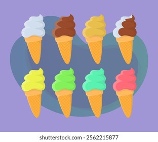 Ice cream wafer cones vector illustrations set. Collection of cartoon drawings of ice cream with different flavors on abstract background. Food, desserts, summer, refreshment concept