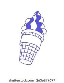Ice cream in wafer cup icon. Sweet icecream, ball of sorbet, gelato, sundae in waffle cone. Frozen milk dessert, cold summer food. Flat isolated outline vector illustration on white background