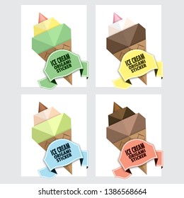 Ice cream in a wafer cup. Origami dialogue banner for message. Special offer for summer sales and actions. Discount tag, badge, emblem. Web stickers. Price tag template for catalog with space for text