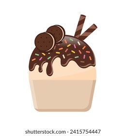 Ice cream with wafer rolls vector illustration on white background. Chocolate ice cream with cookies. Sweet dessert.