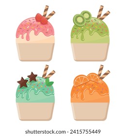 Ice cream with wafer rolls vector illustration on white background. Ice cream is available in strawberry, kiwi, chocolate mint, and tangerine fruit flavors.