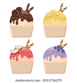 Ice cream with wafer rolls vector illustration on white background. Ice cream is available in chocolate cookie, banana, apple and blueberry fruit flavors.