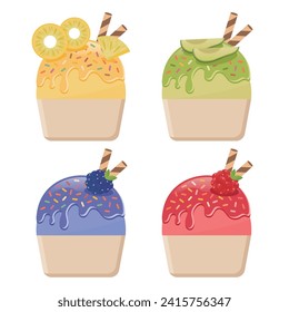 Crema de hielo con rollos de wafer ilustra el vector sobre fondo blanco. El helado está disponible en los sabores de piña, aguacate, mora y frambuesa.