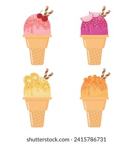 Ice cream with wafer rolls vector illustration on white background. Ice cream is available in cherry, dragon fruit, orange and mango fruit flavors.