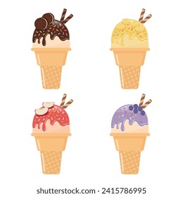 Ice cream with wafer rolls vector illustration on white background. Ice cream is available in chocolate cookie, banana, apple and blueberry fruit flavors.