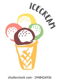 Ice Cream In A Waffel Cone Drawing Hand Painted With Ink Brush