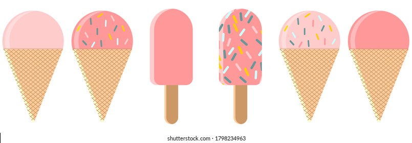Ice cream waffel and popsicle set of vector hand drawn flat elements