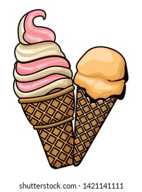 ice cream with waffer cookie cone icon cartoon  vector illustration graphic design