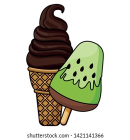 ice cream with waffer cookie cone and fruit ice lolly icon cartoon  vector illustration graphic design