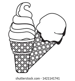 ice cream with waffer cookie cone icon cartoon  in black and white vector illustration graphic design