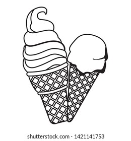 ice cream with waffer cookie cone icon cartoon  in black and white vector illustration graphic design