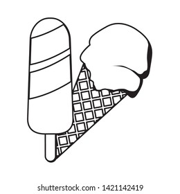 ice cream with waffer cookie cone and ice lolly icon cartoon  in black and white vector illustration graphic design