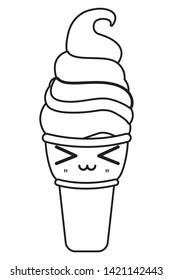 ice cream with waffer cookie cone and smiling face icon cartoon in black and white vector illustration graphic design