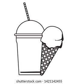 ice cream with waffer cookie cone and frozen ice shaved icon cartoon  in black and white vector illustration graphic design