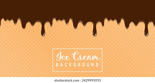 Ice cream waffle background. Chocolate ice cream on wafer. Chocolate melted on waffle background