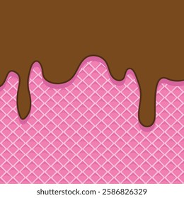 Ice cream waffle background. Chocolate ice cream on wafer. Chocolate melted on waffle background. melted ice cream and cone.