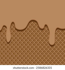 Ice cream waffle background. Chocolate ice cream on wafer. Chocolate melted on waffle background. melted ice cream and cone.