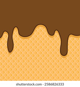 Ice cream waffle background. Chocolate ice cream on wafer. Chocolate melted on waffle background. melted ice cream and cone.