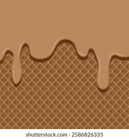 Ice cream waffle background. Chocolate ice cream on wafer. Chocolate melted on waffle background. melted ice cream and cone.