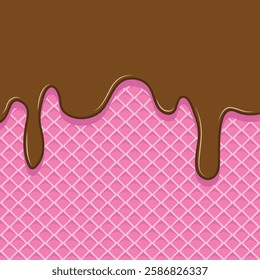 Ice cream waffle background. Chocolate ice cream on wafer. Chocolate melted on waffle background. melted ice cream and cone.