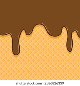 Ice cream waffle background. Chocolate ice cream on wafer. Chocolate melted on waffle background. melted ice cream and cone.