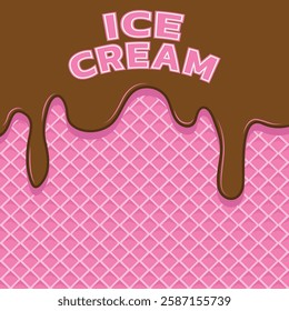 Ice cream waffle background. Chocolate ice cream on wafer. Chocolate melted on waffle background. melted ice cream and cone.