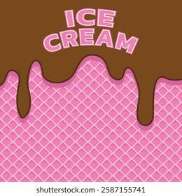 Ice cream waffle background. Chocolate ice cream on wafer. Chocolate melted on waffle background. melted ice cream and cone.