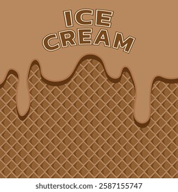 Ice cream waffle background. Chocolate ice cream on wafer. Chocolate melted on waffle background. melted ice cream and cone.