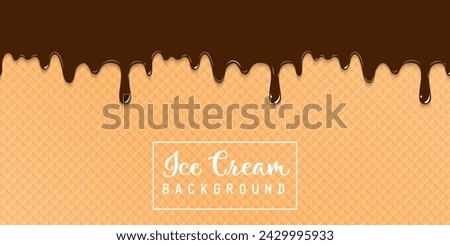 Ice cream waffle background. Chocolate ice cream on wafer. Chocolate melted on waffle background