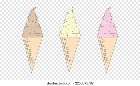 Ice Cream in waffle in brown, yellow and pink color