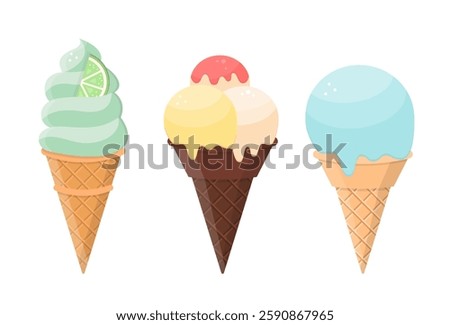 Ice Cream Waffle Con Vector Set. Cartoon Summer Sweets Collection. Cold Food, Frozen Icecream. 