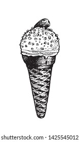 Ice cream in a waffle cone, with almond. Natural products and healthy lifestyle, delicious products, a set of templates for menu design, restaurants and catering. Hand-drawn images
