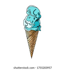 ice cream in a waffle cone. balls of cold dessert. Vintage sketch element. Vector frozen fruit and dairy desserts ice, soft cream or sorbet and eskimo for gelateria cafe menu. line art, vectoctor
