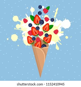 Ice cream in waffle cone with berries vector illustration. Colorful splashes. Seamless pattern background. Flat style vector  design for banner, card, social media post.