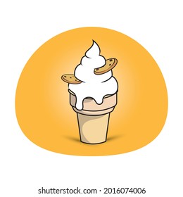 Ice cream in the waffle cone with biskuit topping. vector illustration