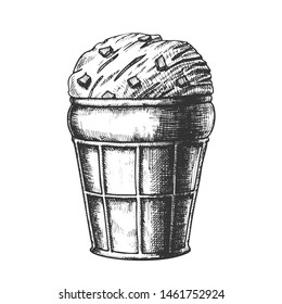 Ice Cream In Waffle Cone With Caramel Ink Vector. Cold Sweet Dairy Dessert Ice Cream In Wafer Cup With Fruit Jelly Concept. Refreshing Natural Tasty Food Designed Mockup Black And White Illustration