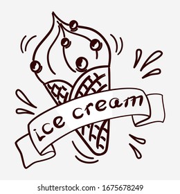 Ice cream in a waffle cone. Caricature. Vector illustration. For packaging, brochures, advertising, design.
