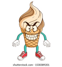 Ice cream waffle cone cartoon character with funny evil smile expression