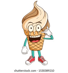 Ice cream waffle cone cartoon character with call me hand sign and funny smile face