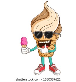 Ice cream waffle cone cartoon character holding melted ice cream with funny cool expression