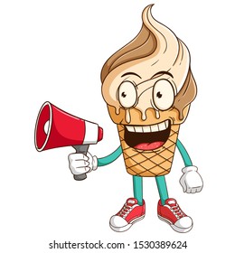 Ice cream waffle cone cartoon character holding megaphone with funny smile face