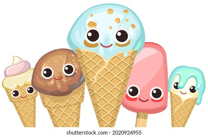 Ice cream in a waffle cone. Cartoon funny characters. Milk, chocolate and fruit. Summer sweet dairy product. Bottom border. Isolated on white background. Vector