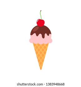 Ice cream in waffle cone with cherry on top. Vector flat illustration isolated on white background