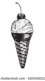 Ice cream in a waffle cone, with cherry. Natural products and healthy lifestyle, delicious products, a set of templates for menu design, restaurants and catering. Hand-drawn images