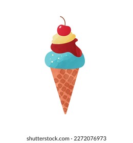 Ice cream in waffle cone with cherry on top. Vector flat illustration isolated on white background	