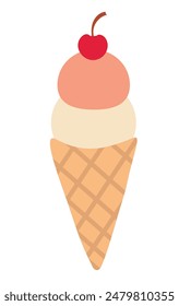 Ice cream in waffle cone with cherry. Summer time sweet food. Vector flat illustration.