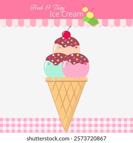 Ice cream in waffle cone with cherry. Summer time sweet food. All layered and grouped. Vector.