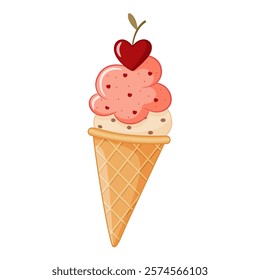 Ice cream in waffle cone with cherry doodle style. Hand drawn flat style cartoon isolated icon For web graphic design, poster, T-shirt, Greeting Card. Summer sweet food Vector flat illustration